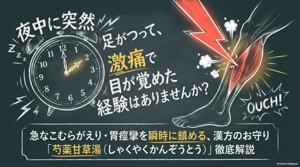 夜中に足がつって激痛で目が覚める場面