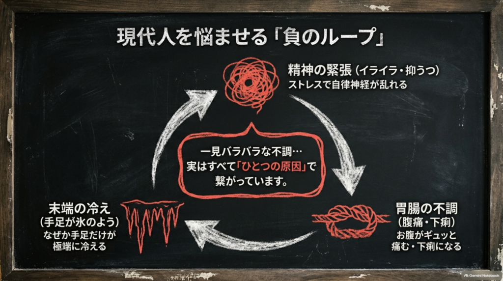 ストレスによる心身の不調が連鎖する負のループの図