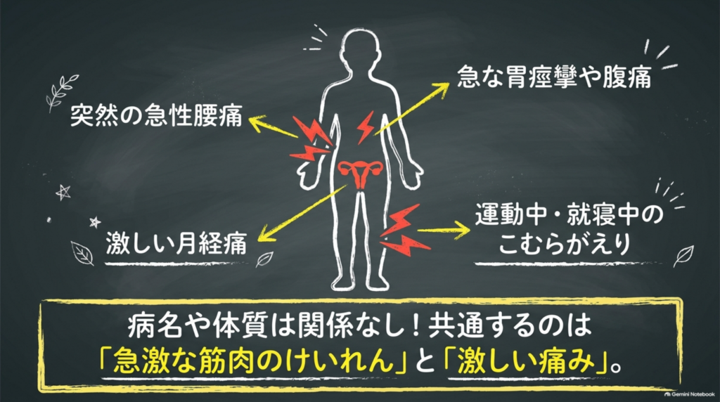 こむら返り・胃けいれん・月経痛など芍薬甘草湯が使われる場面