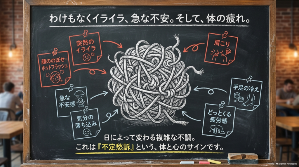 もつれた糸で表した不定愁訴（イライラ・不安・肩こり・冷え・疲労感）