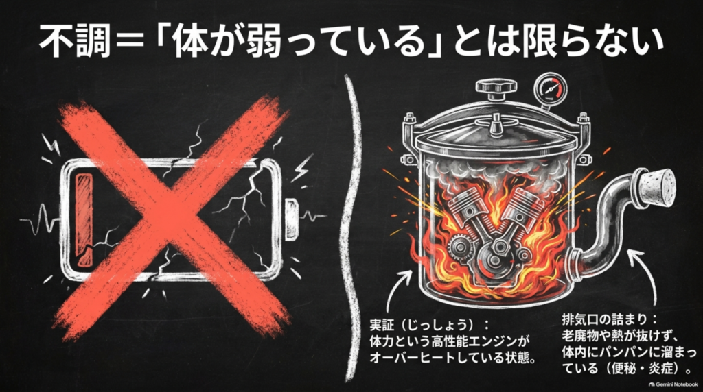 不調＝体が弱っているとは限らない。実証は体力という高性能エンジンがオーバーヒートしている状態