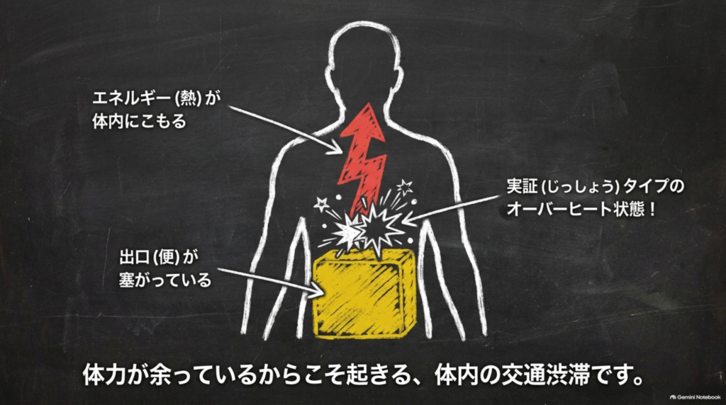エネルギー（熱）が体内にこもり、出口（便）が塞がっている実証タイプのオーバーヒート状態