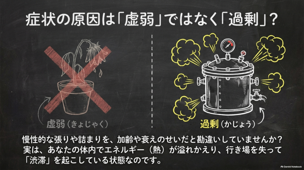症状の原因は「虚弱」ではなく「過剰」？体内でエネルギー（熱）が溢れて渋滞している状態