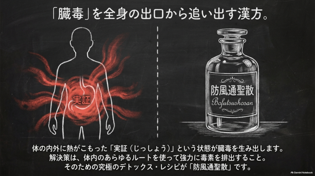 体の内外に熱がこもった「実証」が臓毒を生み出す。臓毒を全身の出口から追い出す防風通聖散