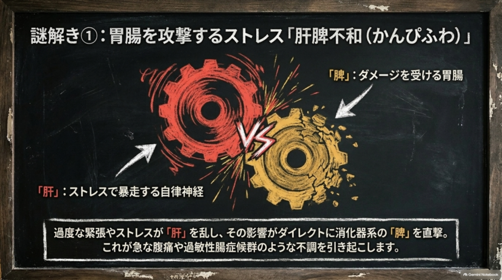 肝が脾を攻撃する「肝脾不和」を歯車で表した図