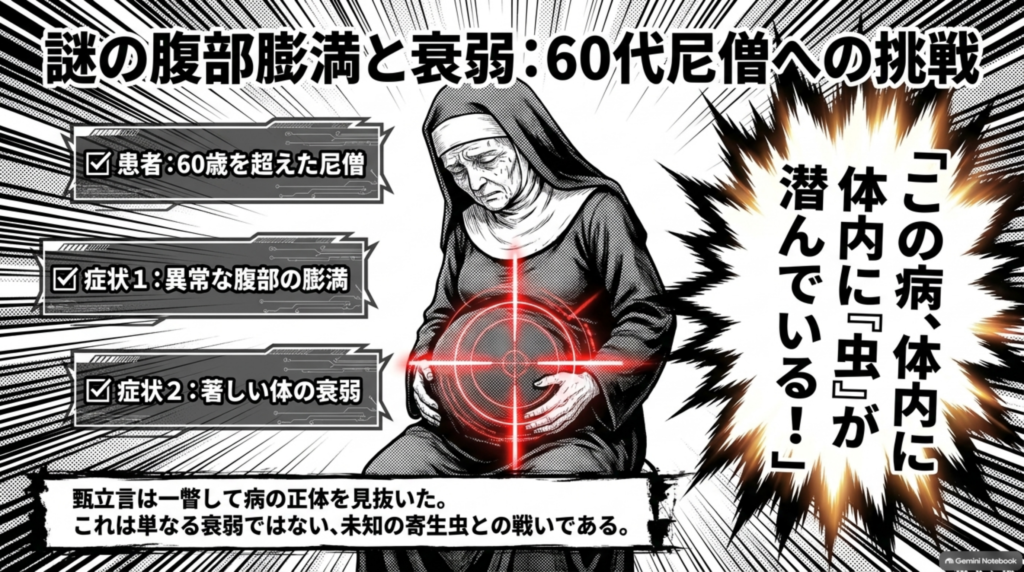 腹部膨満と衰弱に苦しむ60代の尼僧の診察