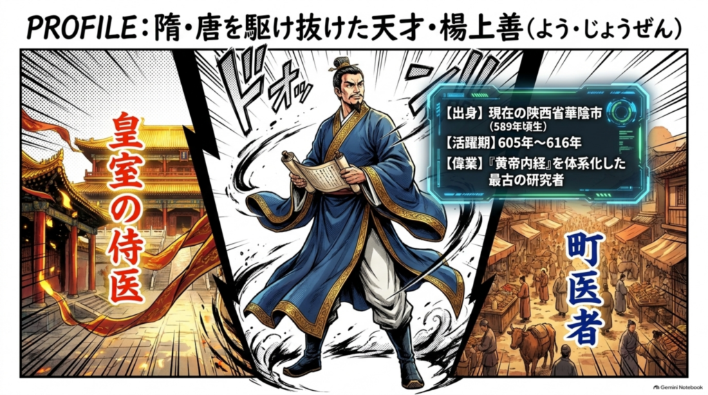 楊上善のプロフィール：陝西省華陰市出身、『黄帝内経』を体系化した最古の研究者