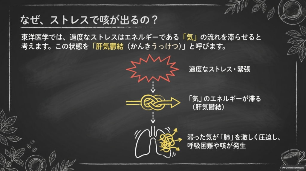 ストレスで気が滞り（肝気鬱結）、肺を圧迫して咳が出る仕組み