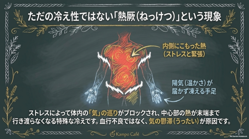 内にこもった熱で手足が冷える「熱厥」を示した図