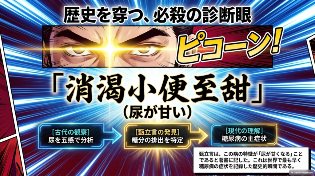 尿が甘いという所見を糖尿病の主症状として記した図