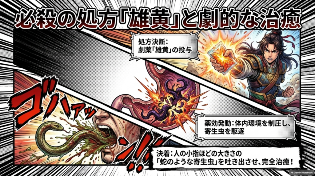 雄黄の投与で寄生虫を吐き出させ治癒した場面