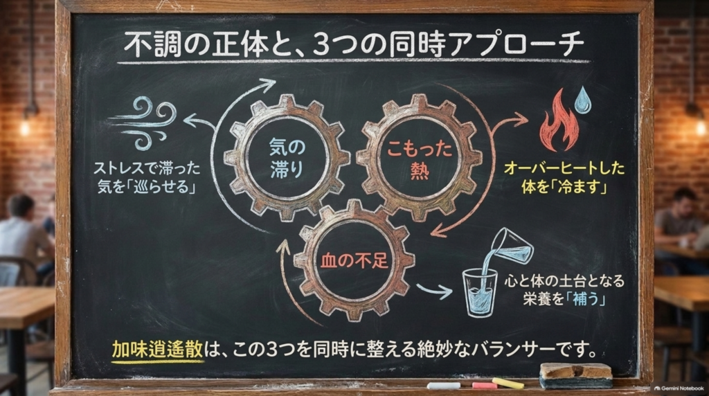 気の滞り・血の不足・こもった熱を同時に整える加味逍遙散の働き