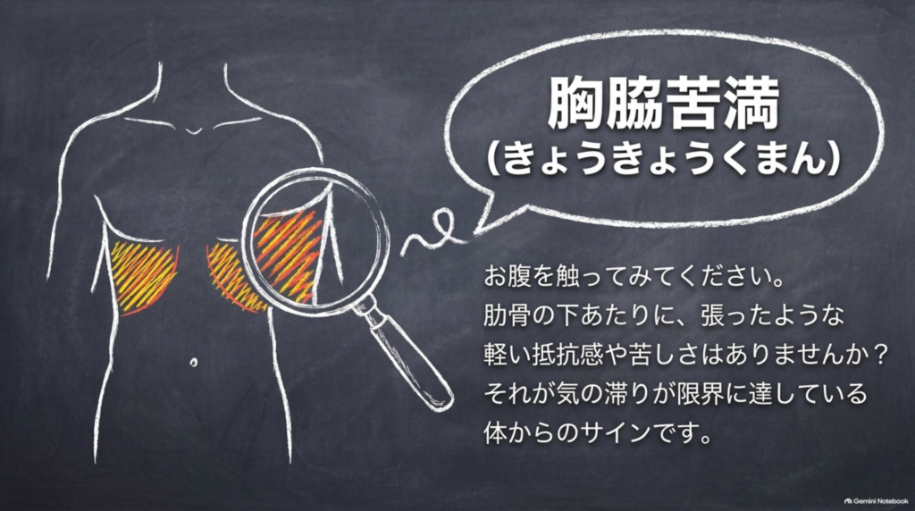 肋骨の下の張り「胸脇苦満（きょうきょうくまん）」