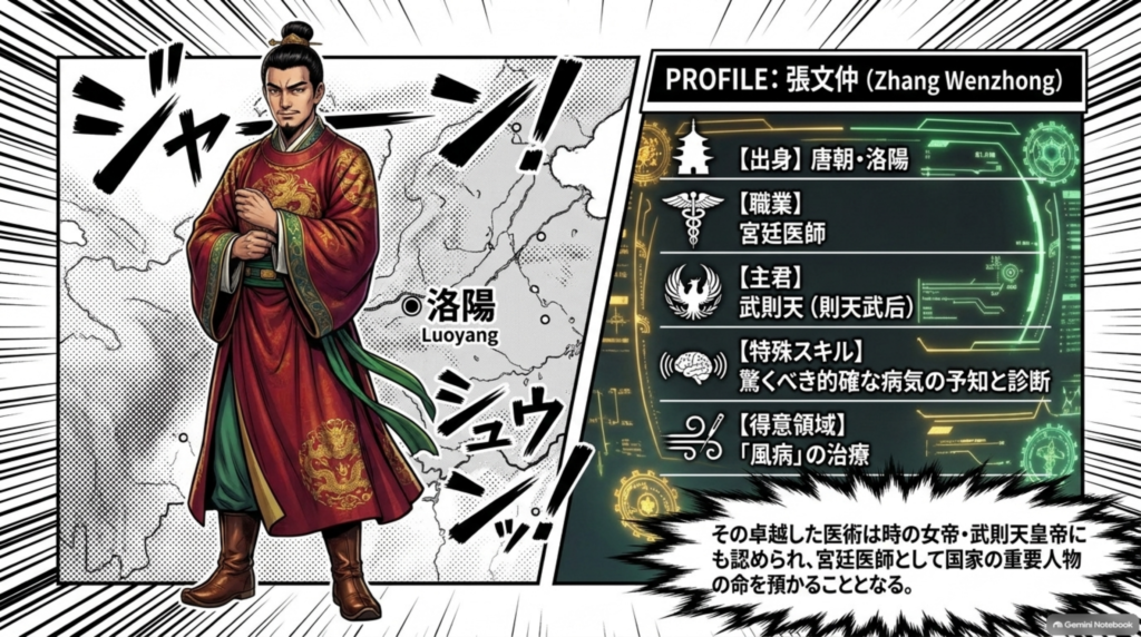 プロフィール：唐・洛陽出身の宮廷医師、張文仲