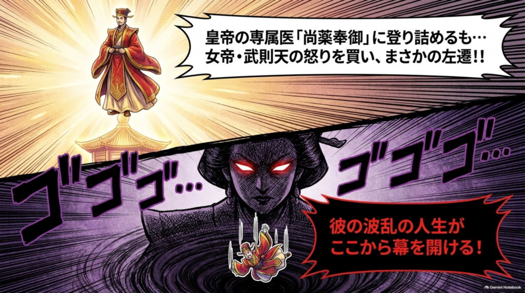 皇帝の専属医・尚薬奉御に登り詰めるも、武則天の怒りを買い左遷