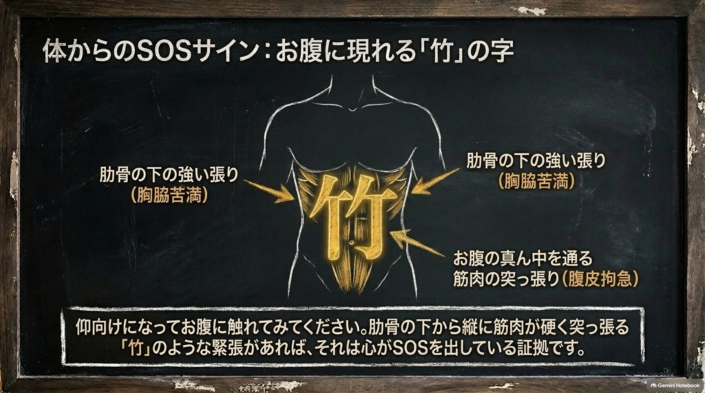 仰向けで触れると分かるお腹の竹の字の緊張