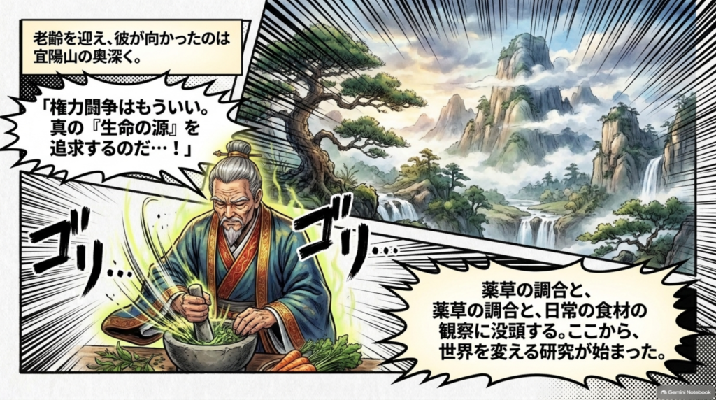 宜陽山の奥深くで薬草の調合と日常の食材の観察に没頭する