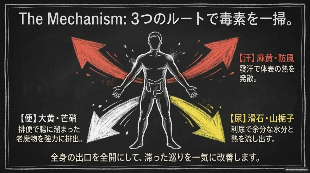 汗・便・尿の3つのルートで毒素を一掃する防風通聖散の仕組み