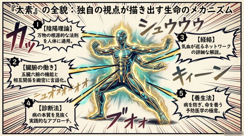 『太素』の全貌：陰陽理論・臓腑・経絡・診断法・養生法の5分野