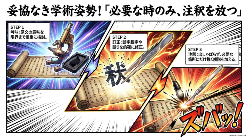 原文の吟味・訂正・必要な時のみの注釈という妥協なき学術姿勢