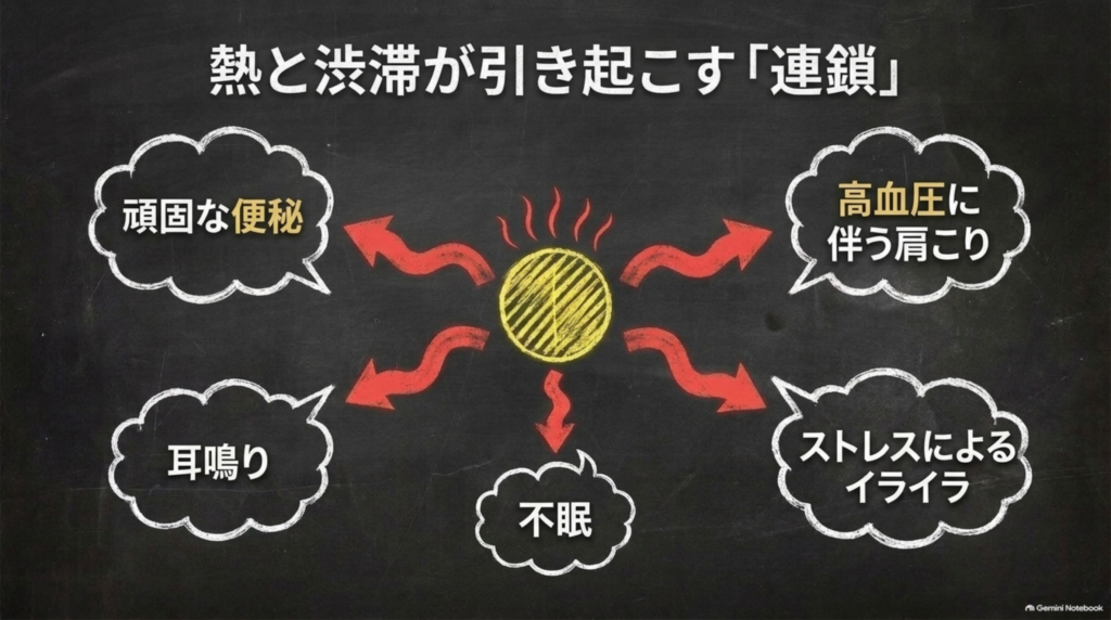 熱と渋滞が引き起こす連鎖：頑固な便秘・高血圧に伴う肩こり・耳鳴り・不眠・ストレスによるイライラ