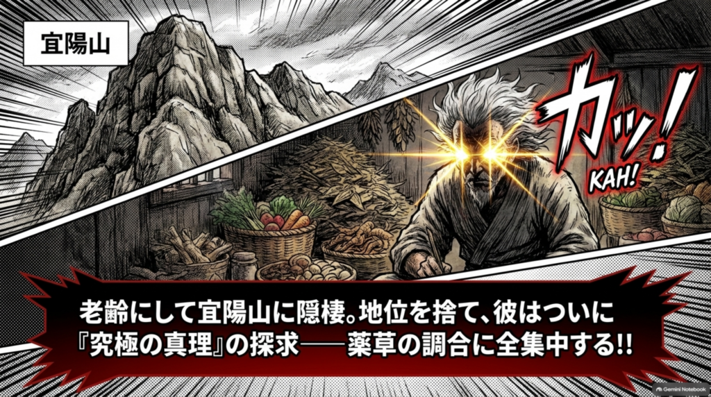 老齢にして宜陽山に隠棲し、薬草の調合に全集中する