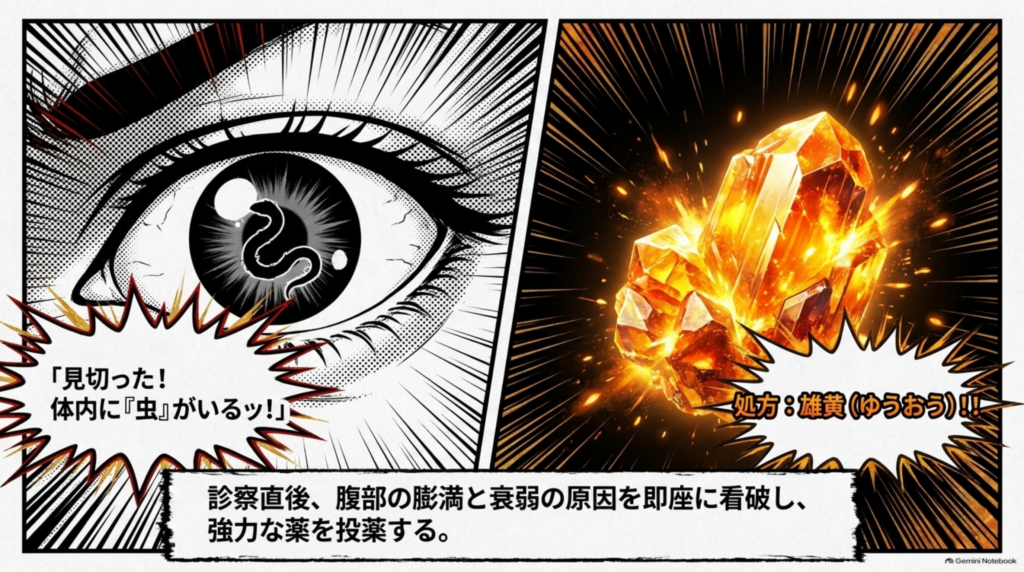 体内に虫がいると見抜いた診断の場面