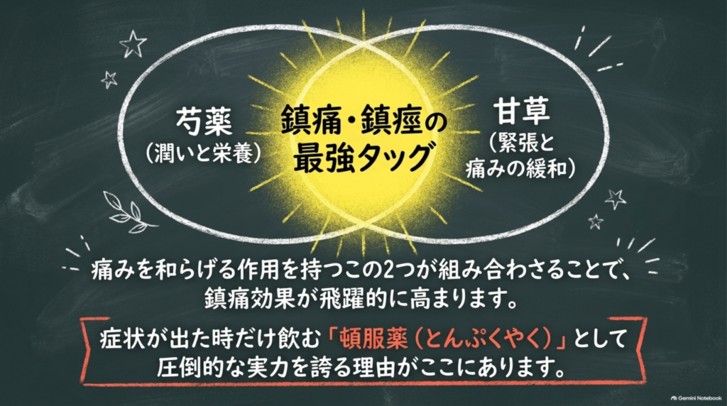 芍薬と甘草による鎮痛・鎮痙のタッグ