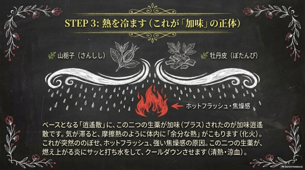 山梔子と牡丹皮がこもった熱を冷まし、ホットフラッシュや焦燥感を鎮める