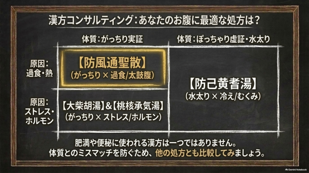 あなたのお腹に最適な処方は?防風通聖散・大柴胡湯・桃核承気湯・防已黄耆湯