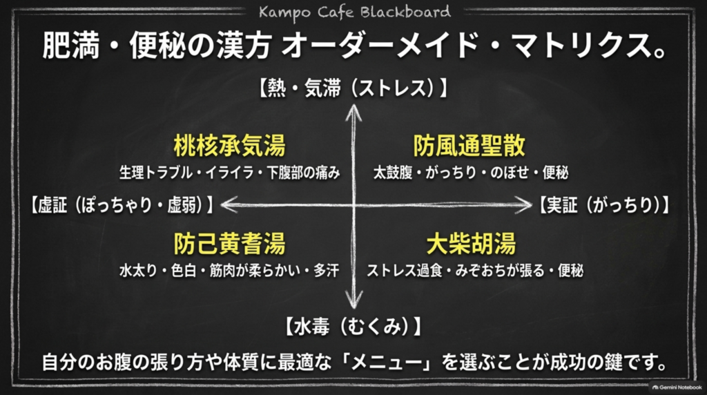 肥満・便秘の漢方マトリクス:体質(がっちり・ぽっちゃり)と原因で選ぶ