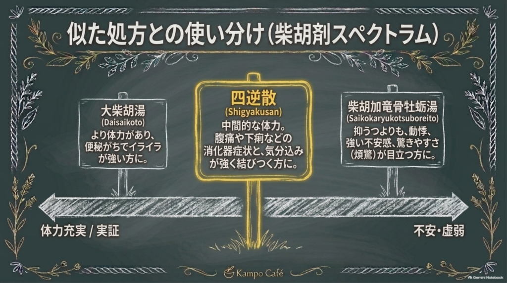 柴胡剤の使い分け（大柴胡湯・四逆散・柴胡加竜骨牡蛎湯）