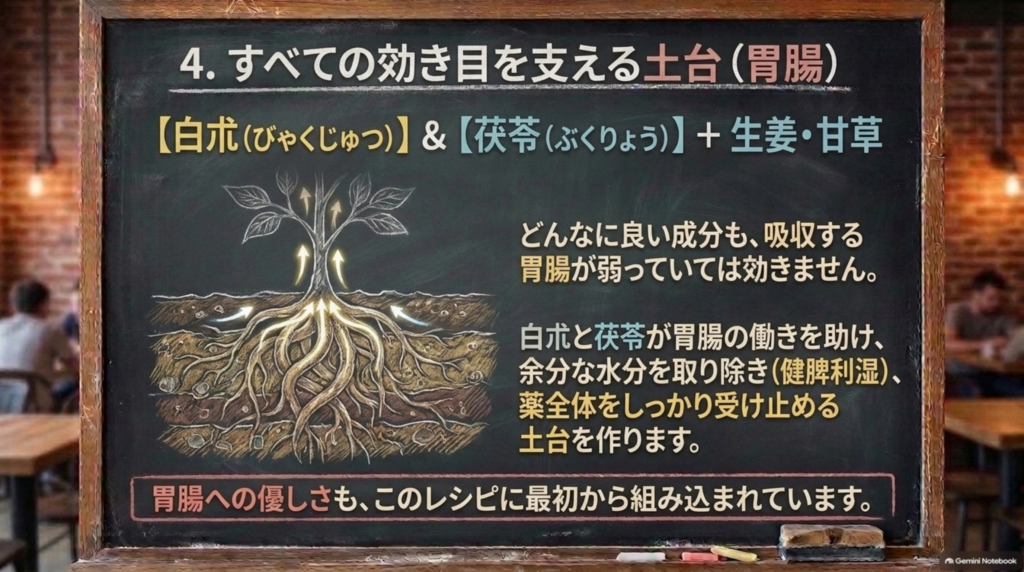 白朮と茯苓が胃腸を助け、薬全体の効果を支える土台になる