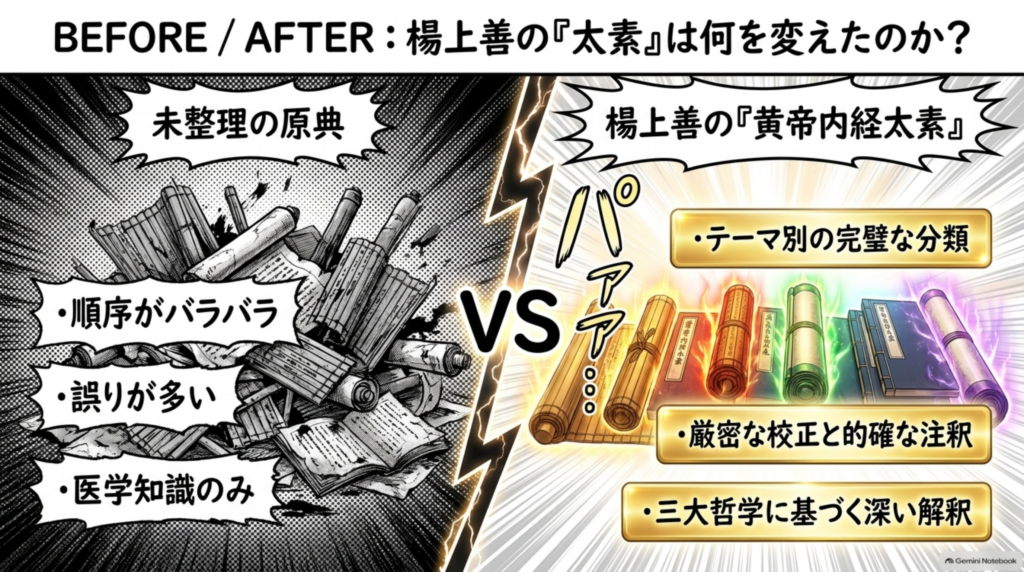未整理の原典と『黄帝内経太素』のビフォーアフター比較