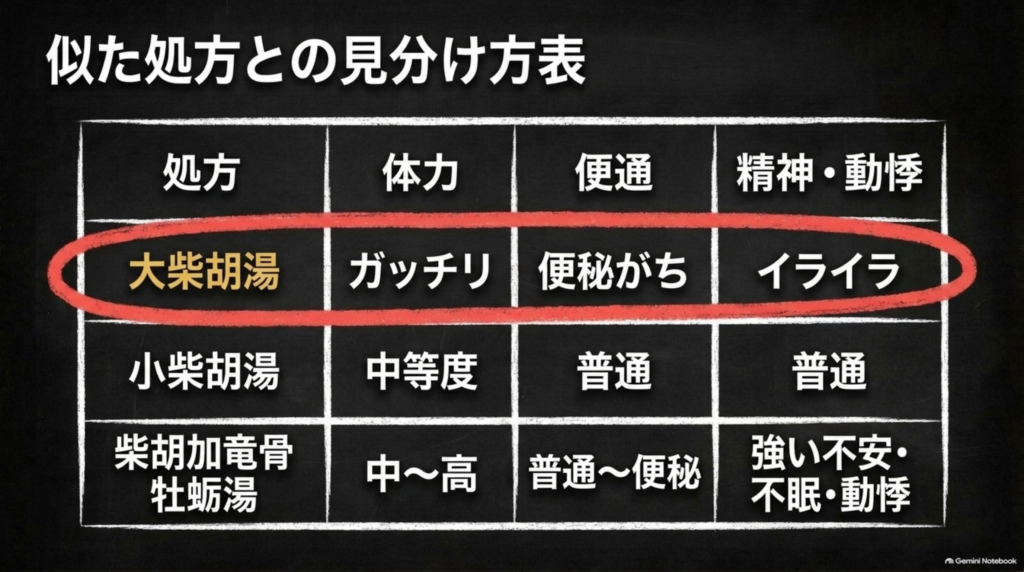 似た処方との見分け方表：大柴胡湯・小柴胡湯・柴胡加竜骨牡蛎湯