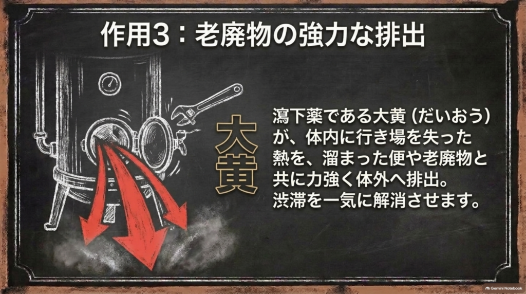 作用3：大黄が行き場を失った熱を溜まった便や老廃物と共に体外へ排出する