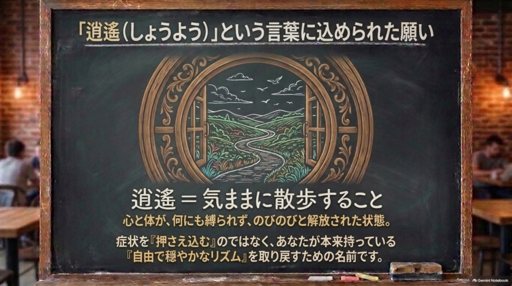 「逍遙」は気ままに散歩すること。のびのびと解放された状態
