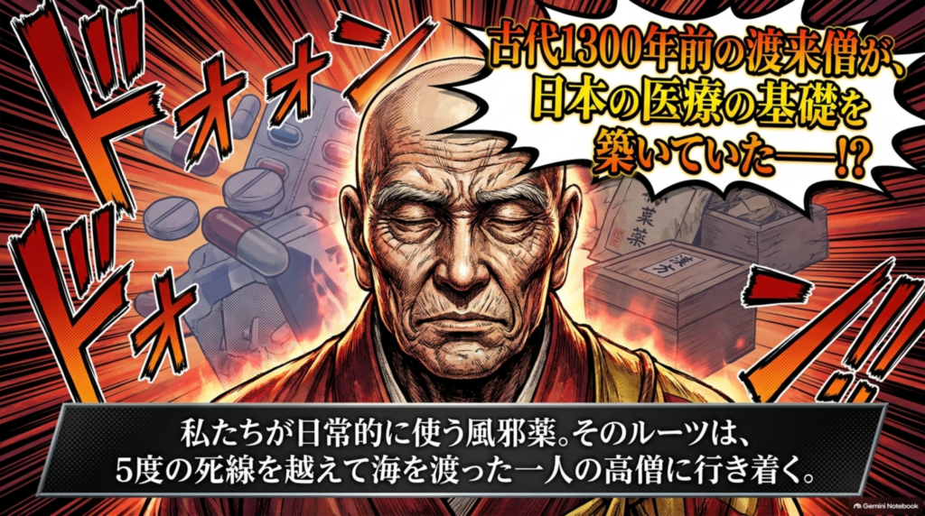 古代1300年前の渡来僧が日本の医療の基礎を築いていた。風邪薬のルーツは、5度の死線を越えて海を渡った一人の高僧に行き着く