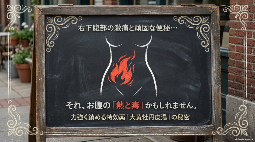 右下腹部の激痛と頑固な便秘…それ、お腹の「熱と毒」かもしれません。力強く鎮める大黄牡丹皮湯の秘密