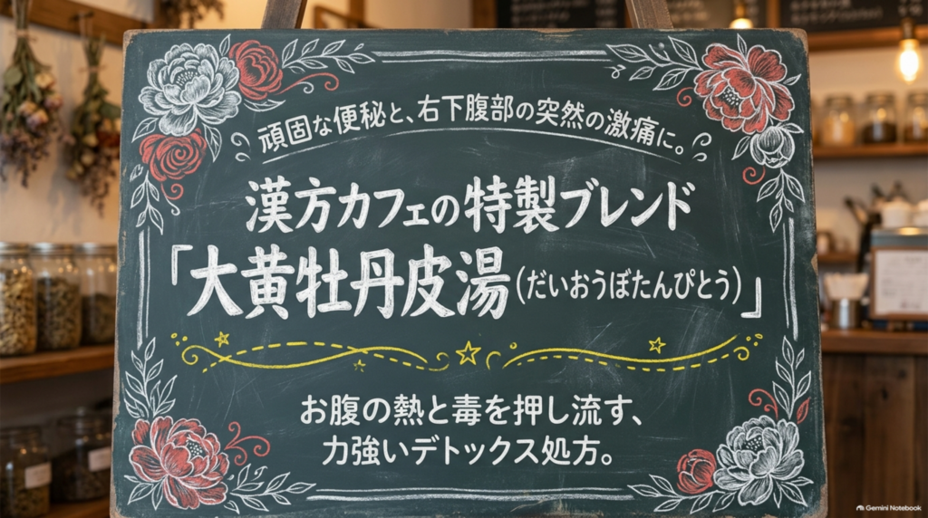 頑固な便秘と右下腹部の突然の激痛に。お腹の熱と毒を押し流す、力強いデトックス処方「大黄牡丹皮湯（だいおうぼたんぴとう）」