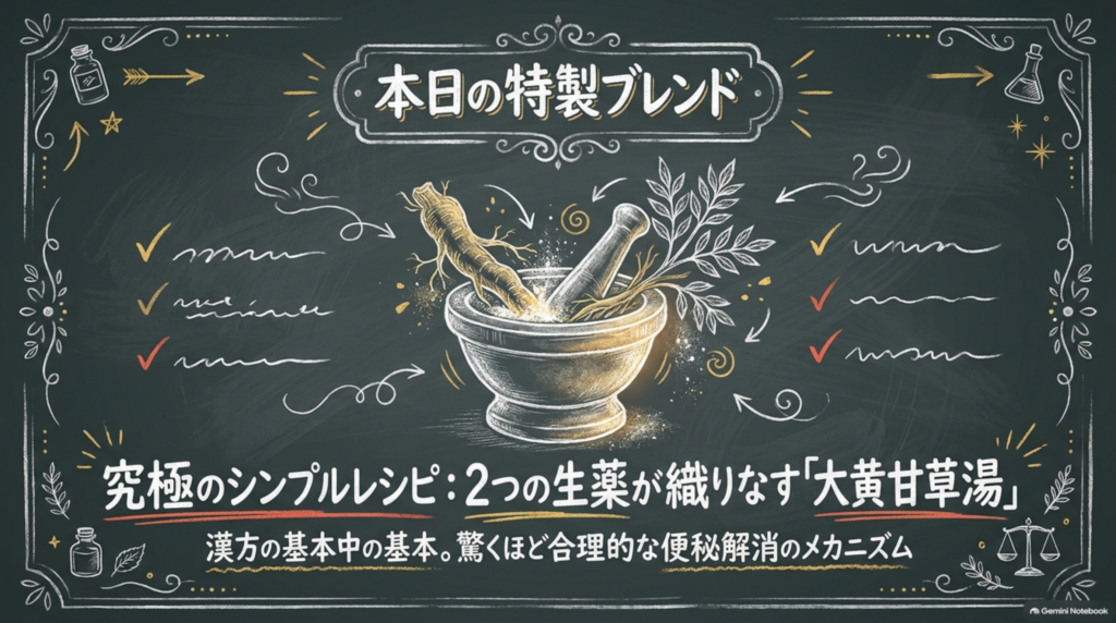 究極のシンプルレシピ：2つの生薬が織りなす「大黄甘草湯」。漢方の基本中の基本、驚くほど合理的な便秘解消のメカニズム