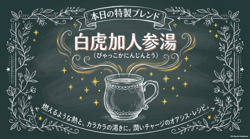 本日の特製ブレンド、白虎加人参湯。燃えるような熱とカラカラの渇きに、潤いをチャージする処方