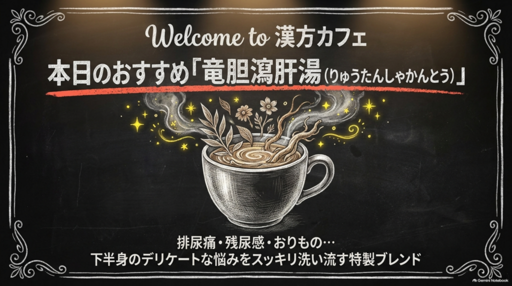 本日のおすすめ「竜胆瀉肝湯（りゅうたんしゃかんとう）」。排尿痛・残尿感・おりものなど、下半身のデリケートな悩みをすっきり洗い流す処方