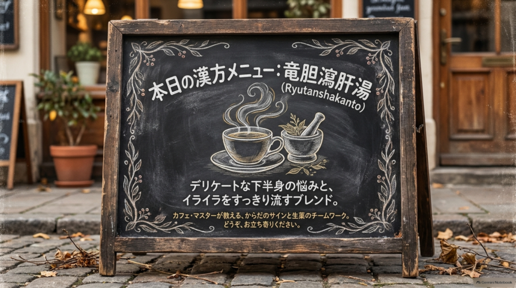 本日の漢方メニュー竜胆瀉肝湯。デリケートな下半身の悩みとイライラをすっきり流すブレンド