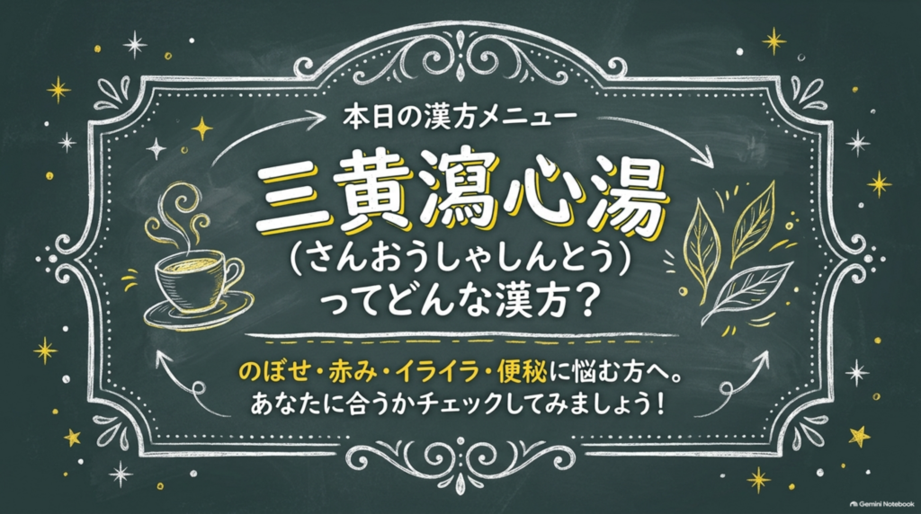 本日の漢方メニュー「三黄瀉心湯(さんおうしゃしんとう)ってどんな漢方?」。のぼせ・赤み・イライラ・便秘に悩む方へ