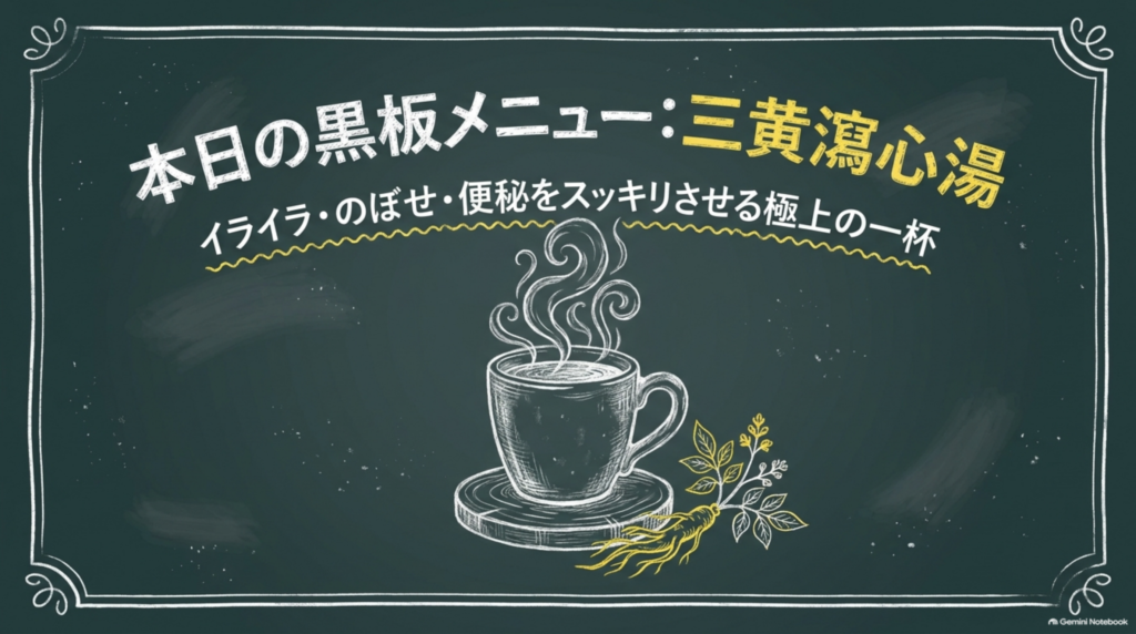 本日の黒板メニュー三黄瀉心湯。イライラ・のぼせ・便秘をスッキリさせる一杯