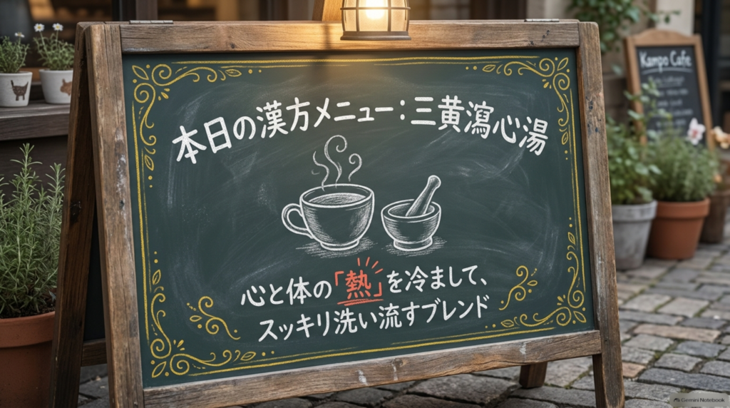 本日の漢方メニュー三黄瀉心湯。心と体の「熱」を冷まして、スッキリ洗い流すブレンド