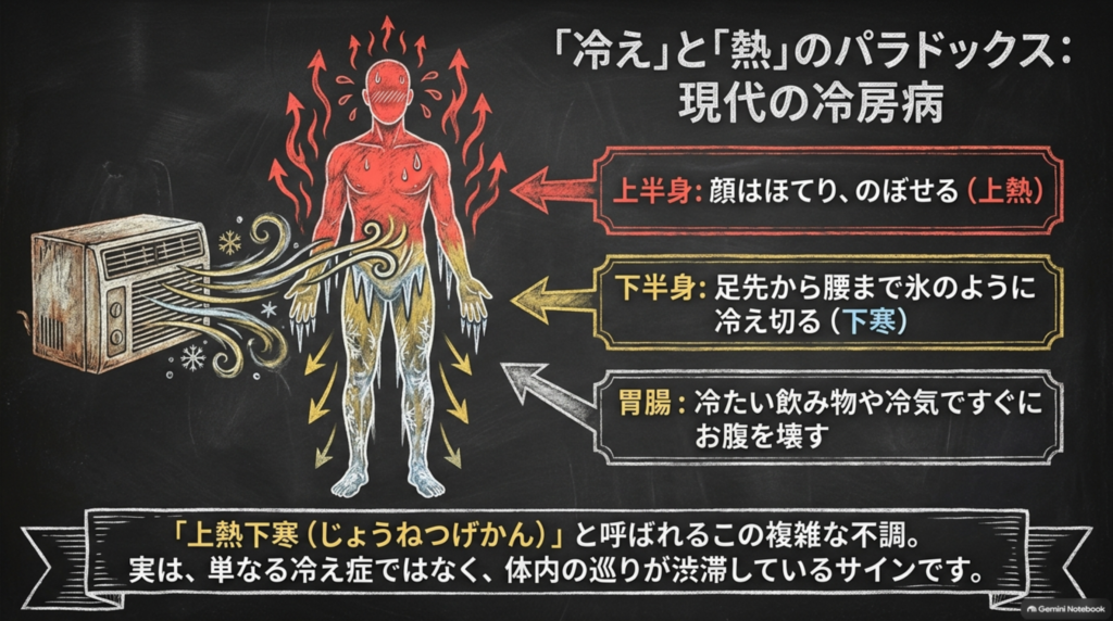 冷えと熱のパラドックス:現代の冷房病。上半身はのぼせ、下半身は冷え、胃腸は冷たいものですぐに壊す