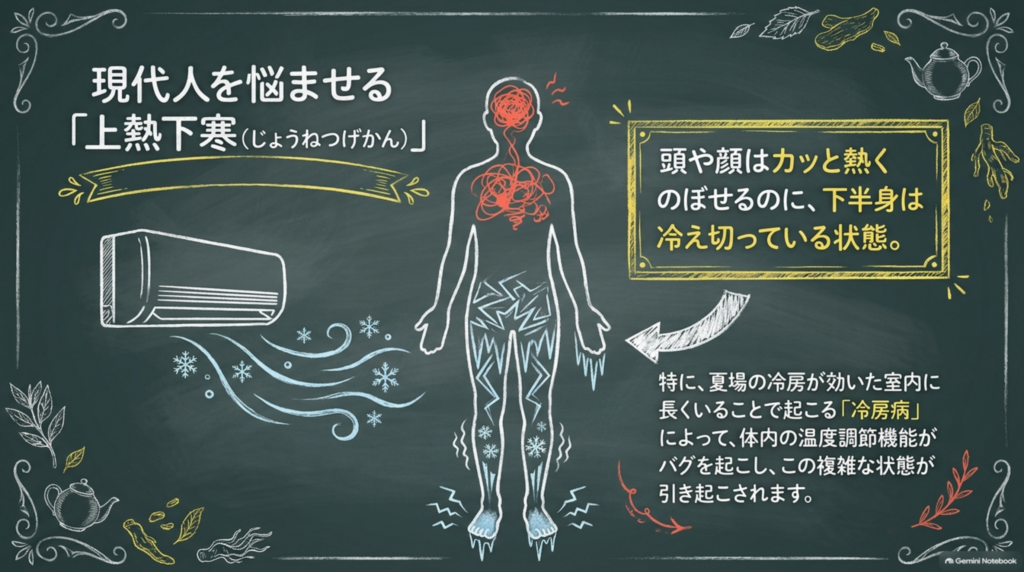 現代人を悩ませる「上熱下寒」。夏場の冷房が効いた室内に長くいることで起こる冷房病