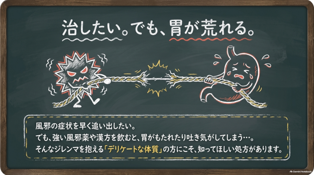 治したい。でも、胃が荒れる。強い風邪薬で胃がもたれたり吐き気がしたりするデリケートな体質